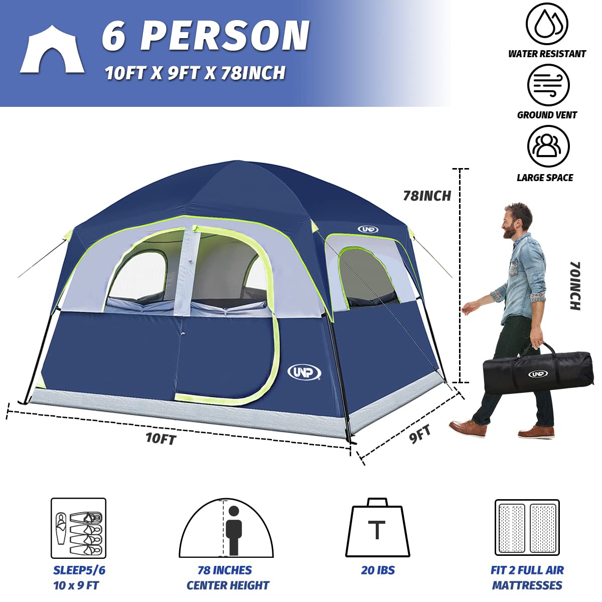6-Person Waterproof Windproof Family Camping Tent
