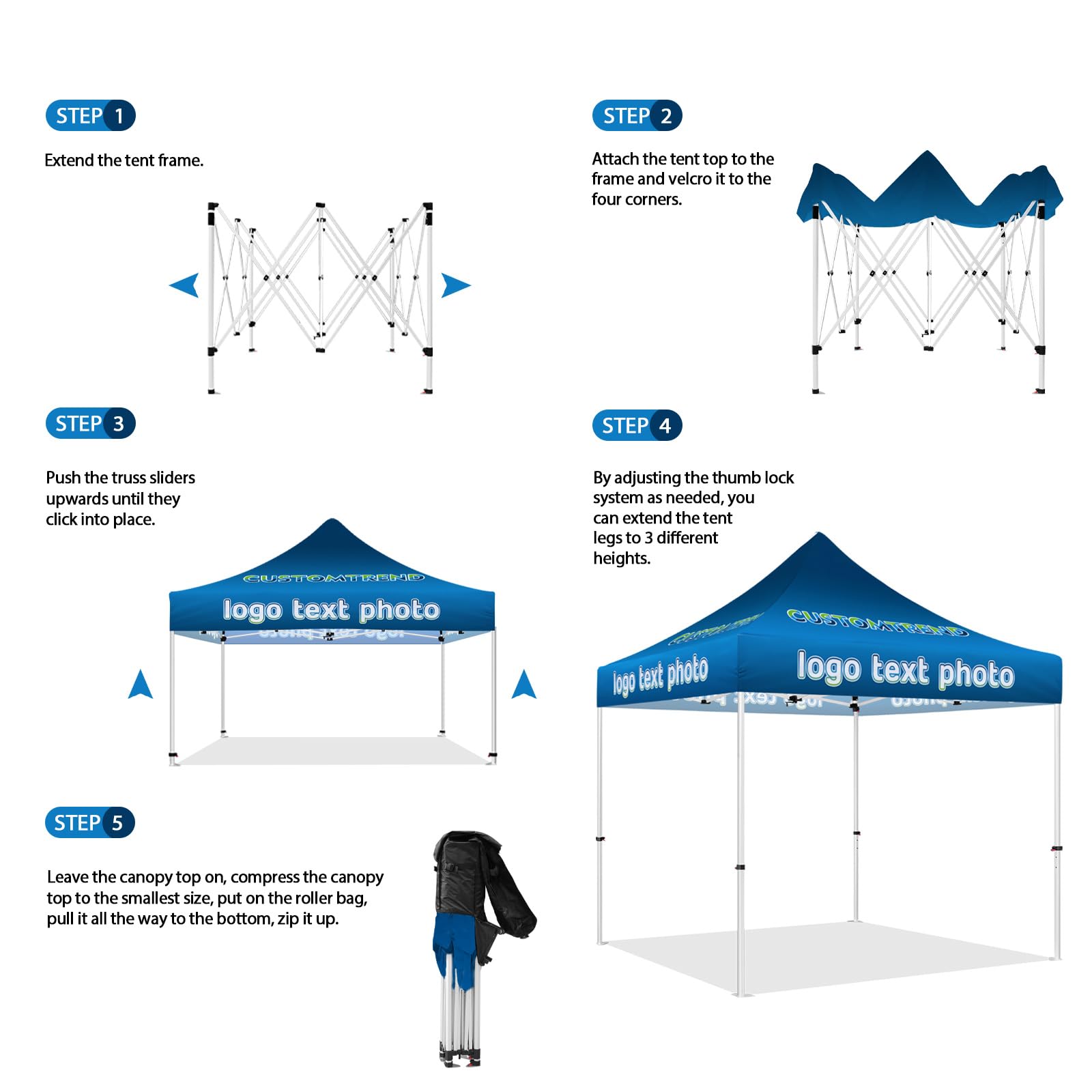 10x10 Custom Logo Pop-Up Canopy Tent with Roller Bag