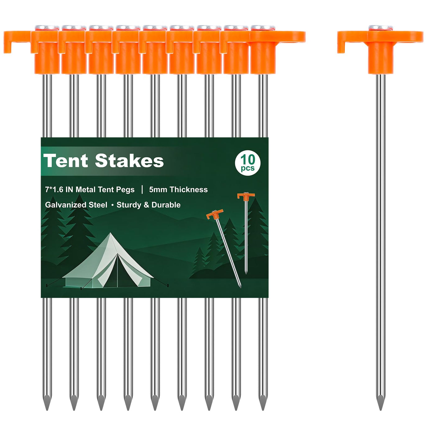 10-Pack 7-Inch Galvanized Steel Tent Stakes with Orange Heads