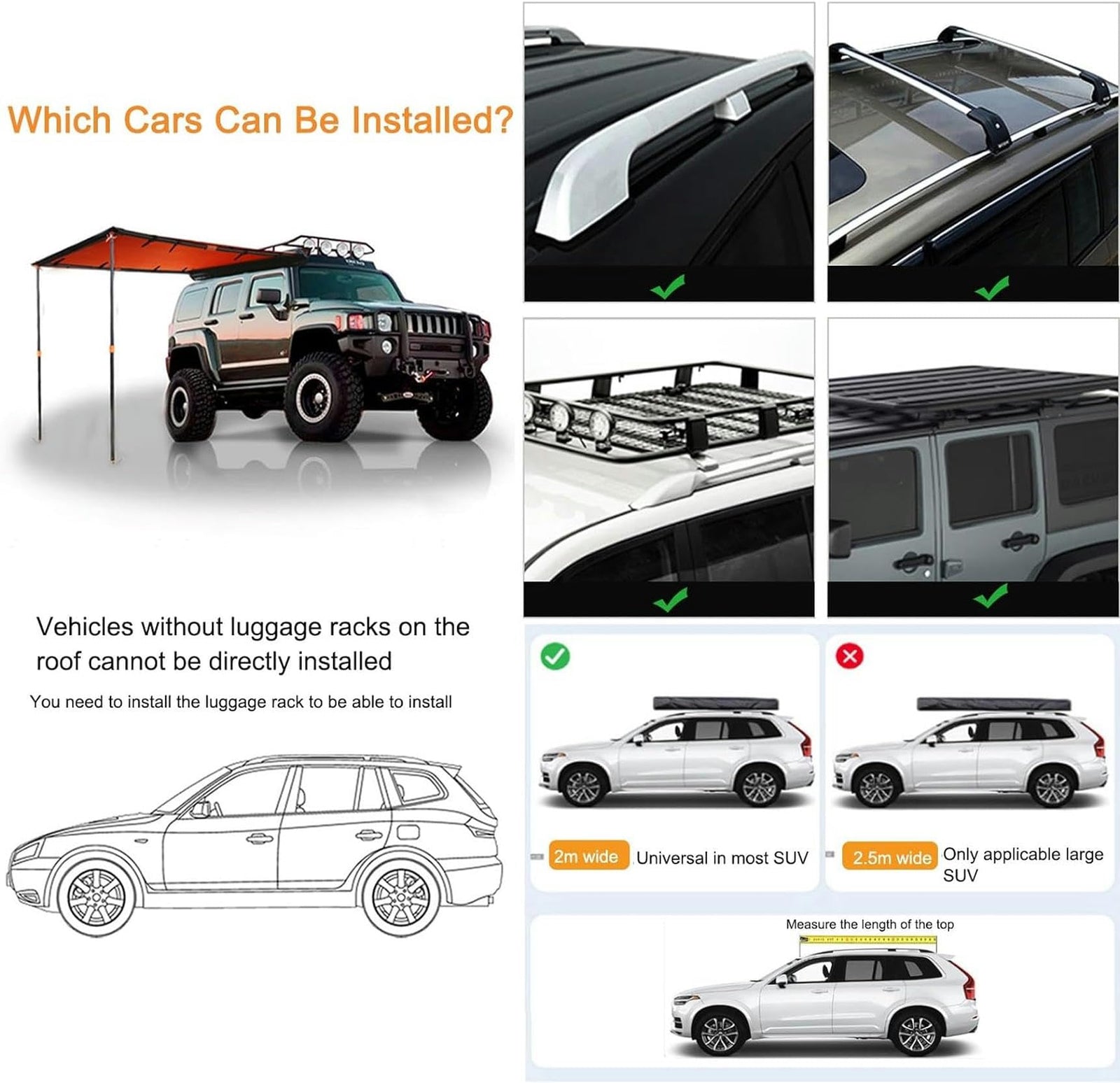 420D UV50+ Roof Rack Side Awning for SUVs and Vans