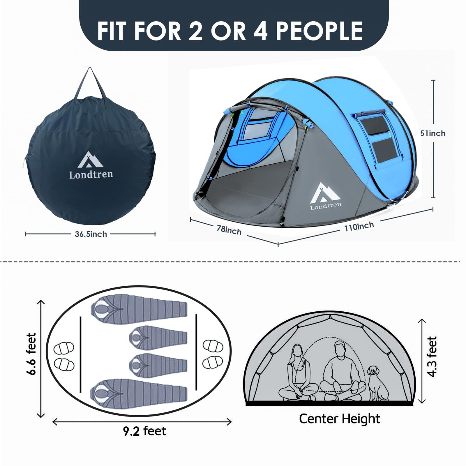 4-Person Waterproof Pop-Up Camping Tent with 2 Doors
