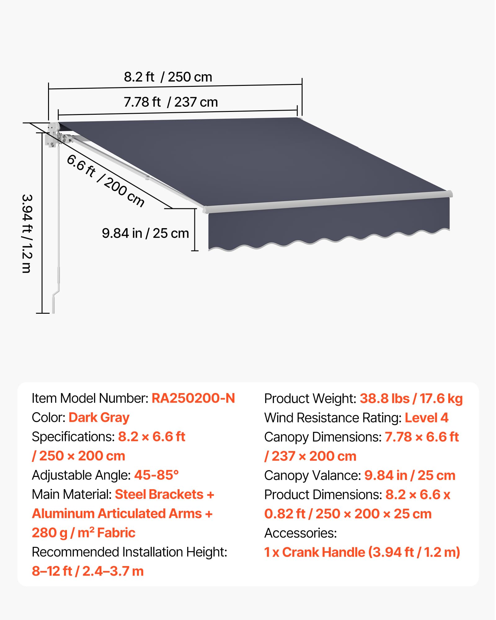 VEVOR Manual Retractable Patio Awning Sun Shade