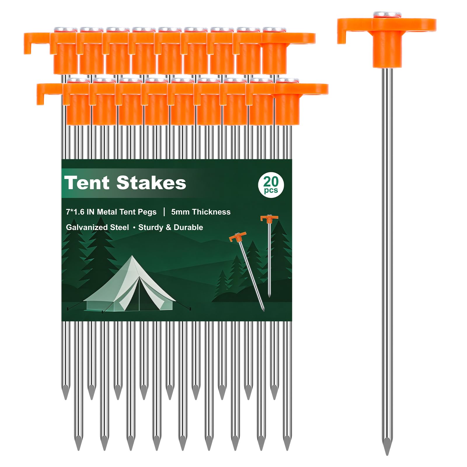 10-Pack 7-Inch Galvanized Steel Tent Stakes with Orange Heads