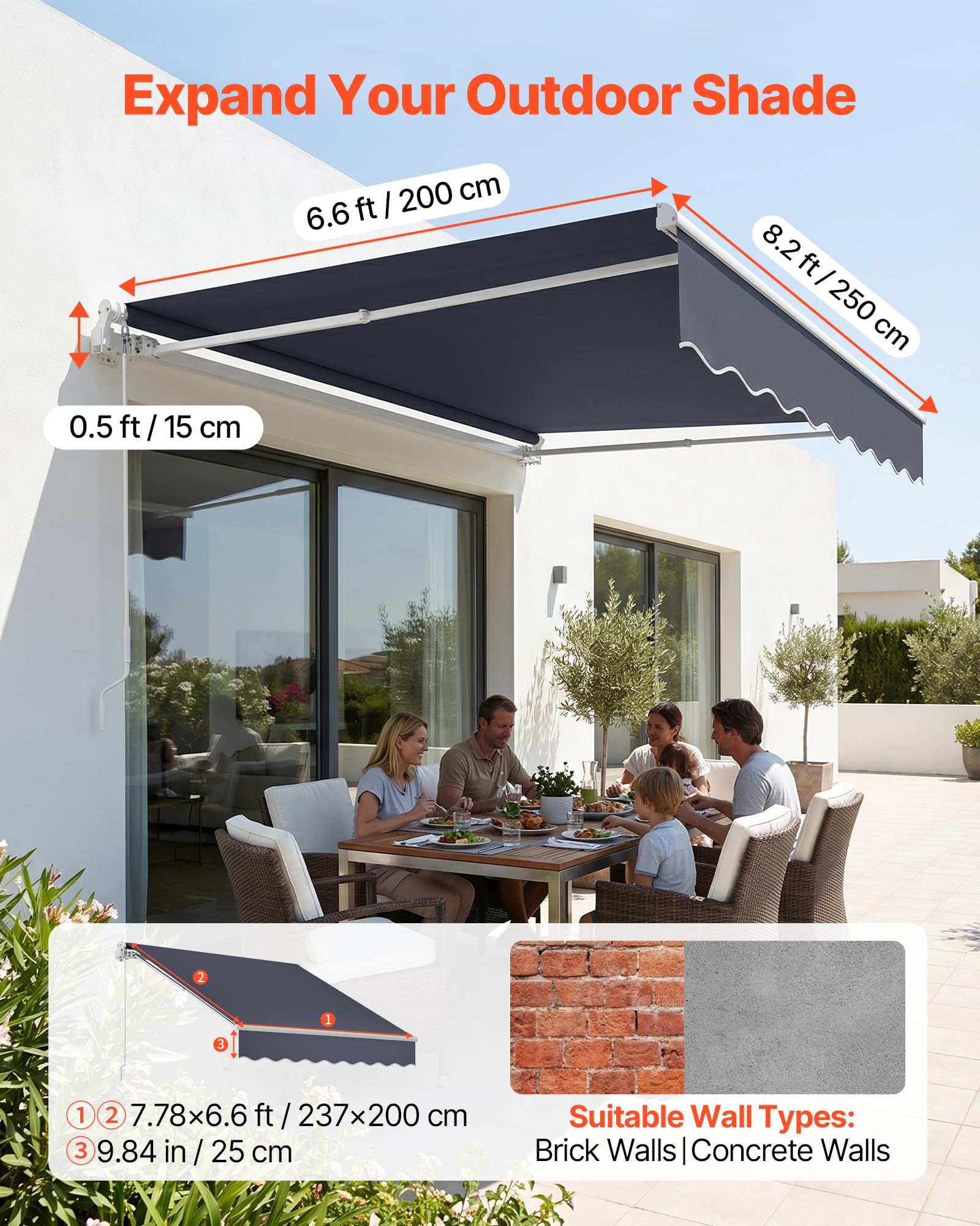 VEVOR Manual Retractable Patio Awning Sun Shade