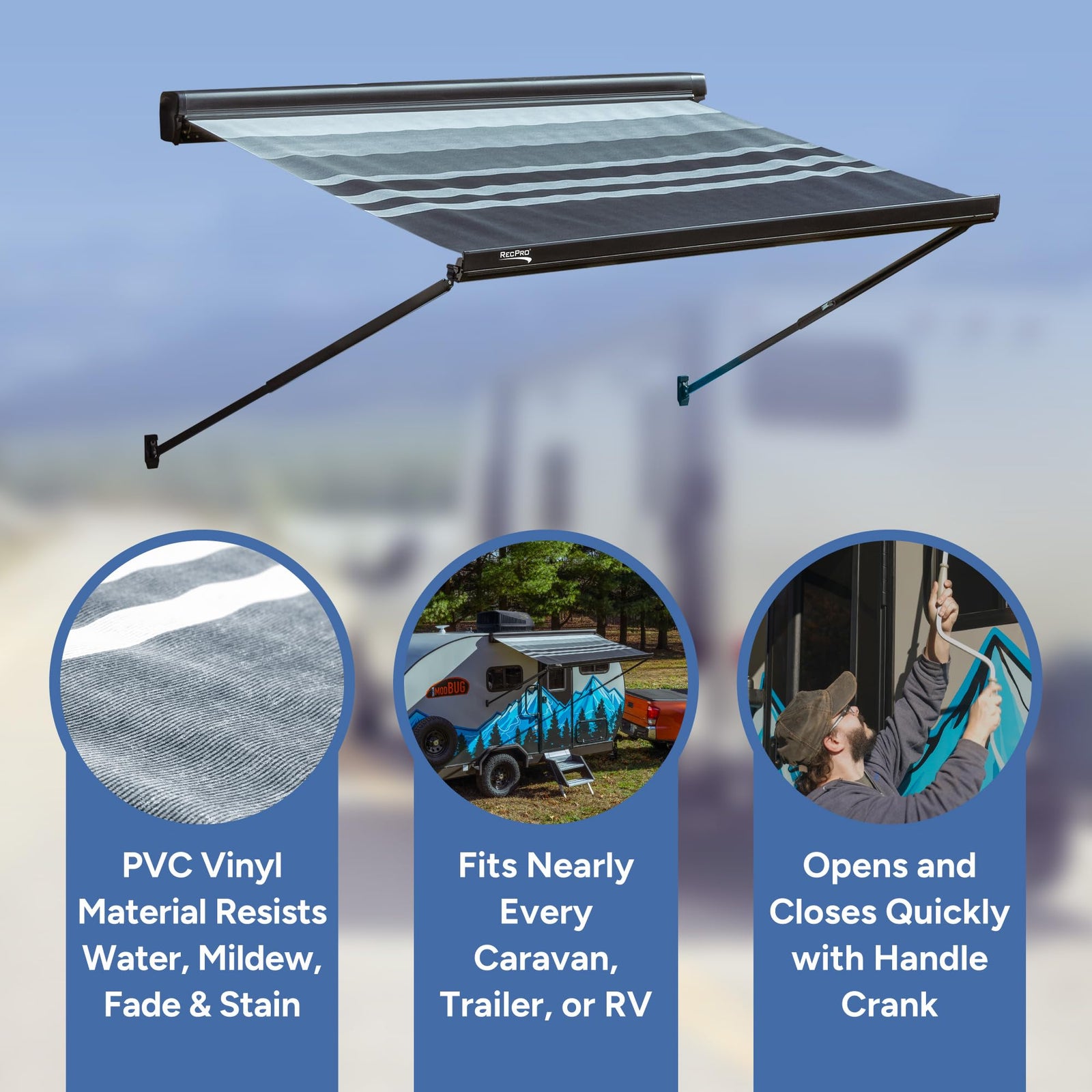 RecPro 7ft Manual Cassette RV Awning with Hand Crank