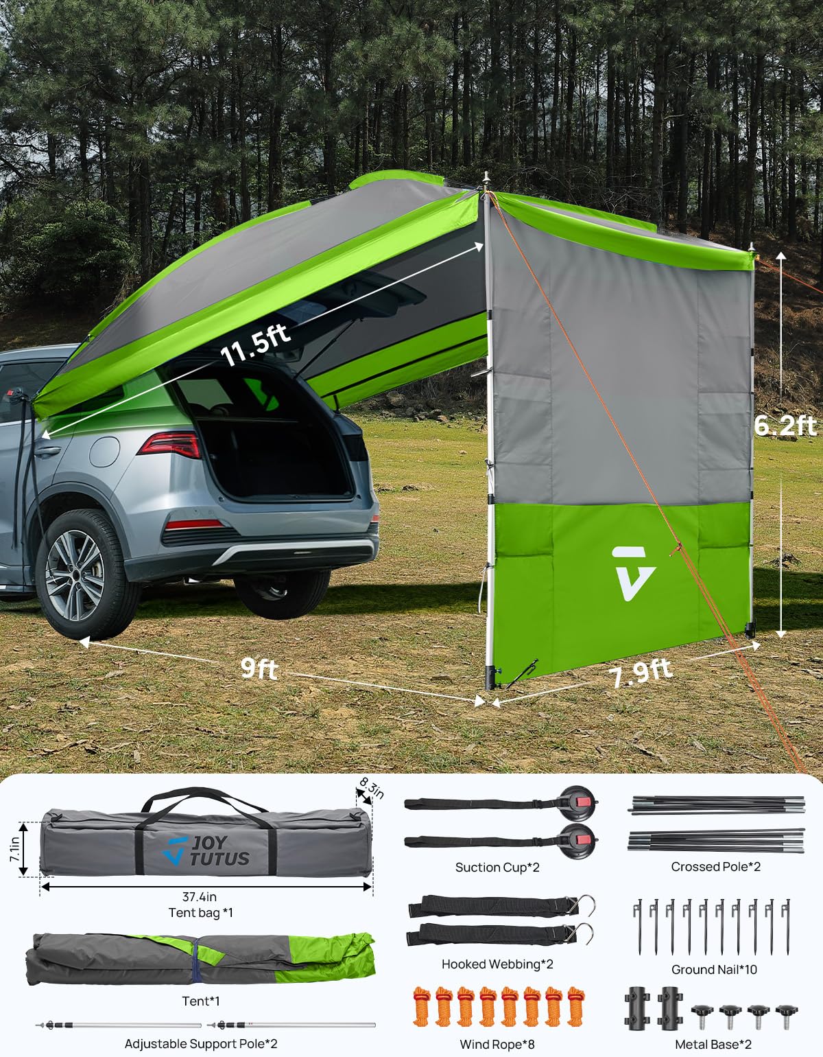 11.5x7.9FT UV50+ Vehicle Awning with Removable Sides