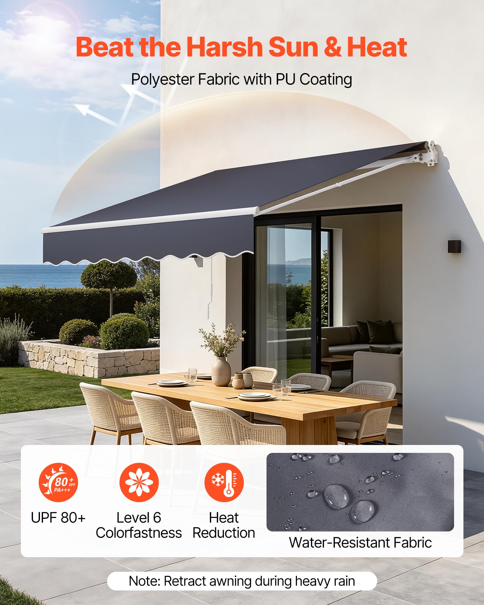 VEVOR Manual Retractable Patio Awning Sun Shade