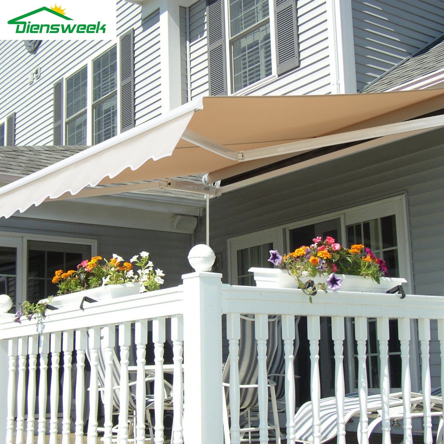 12x10 Beige Manual Retractable Patio Awning Sunshade