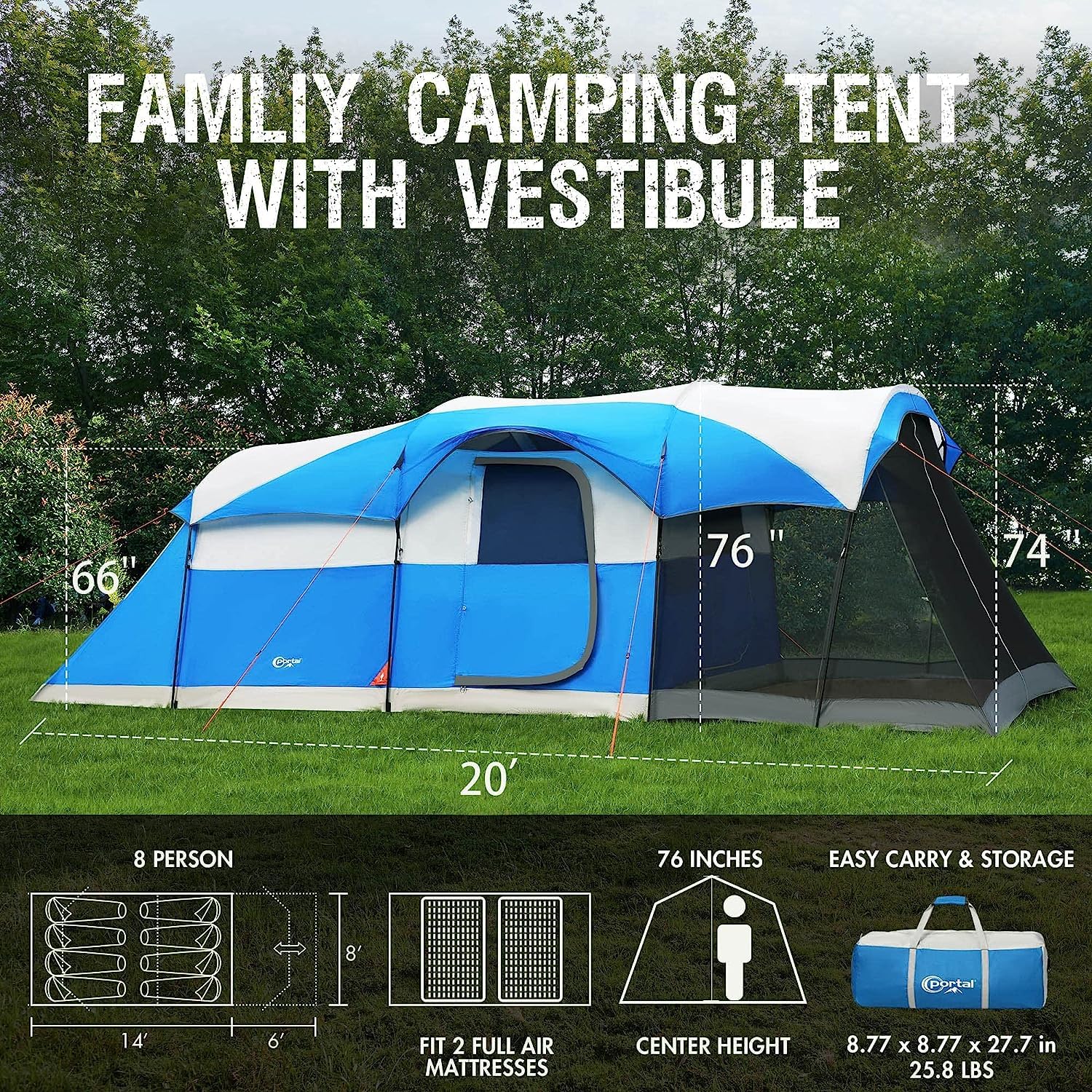 6-10 Person Water-Resistant Tunnel Tent with Screen Room